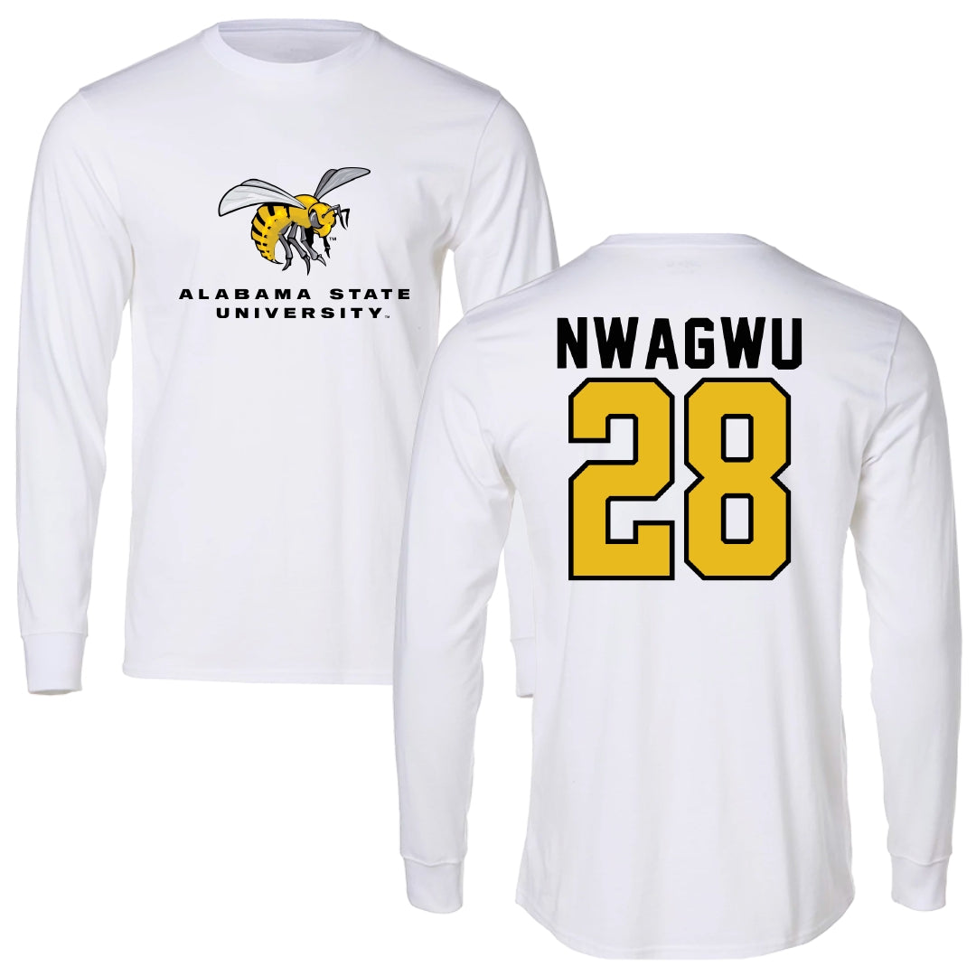 Alabama State University Football White Block Long Sleeve - #28 Nathan Nwagwu