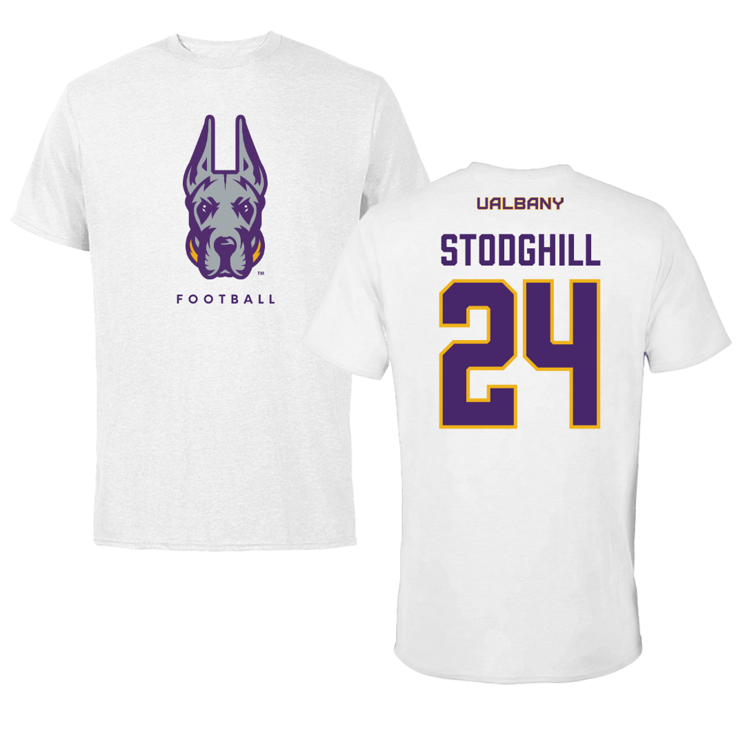 University at Albany Football White Mascot Tee - #24 Cam Stodghill