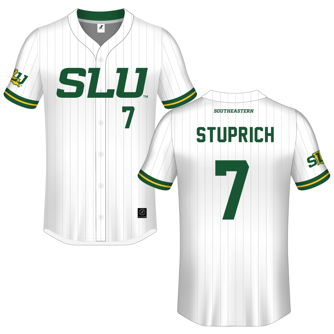 Southeastern Louisiana University White Pinstripe Button-Down Jersey - #7 Brennan Stuprich