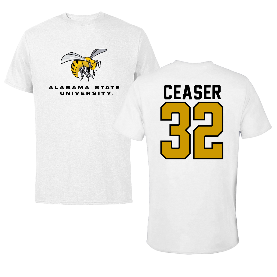 Alabama State University Football White Performance Tee - #32 Brennen Ceaser