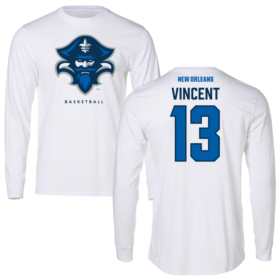 University of New Orleans Basketball White Performance Long Sleeve - #13 Jamond Vincent