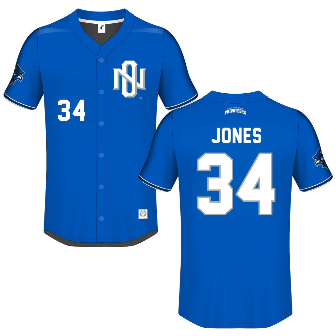 University of New Orleans Blue Button-Down Jersey - #34 Skylar Jones