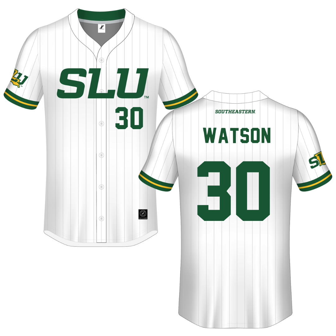 Southeastern Louisiana University White Pinstripe Button-Down Jersey - #30 Ka’Lyn Watson