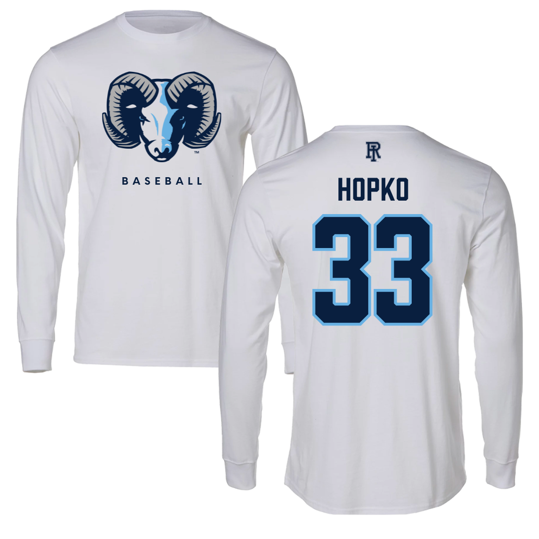 University of Rhode Island Baseball White Performance Long Sleeve - #33 Jack Hopko