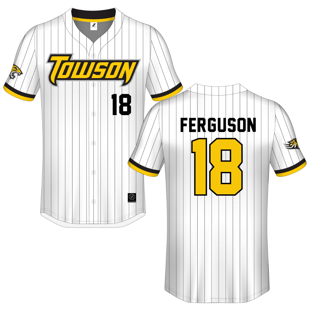 Towson University White Pinstripe Button-Down Jersey - #18 Addie Ferguson