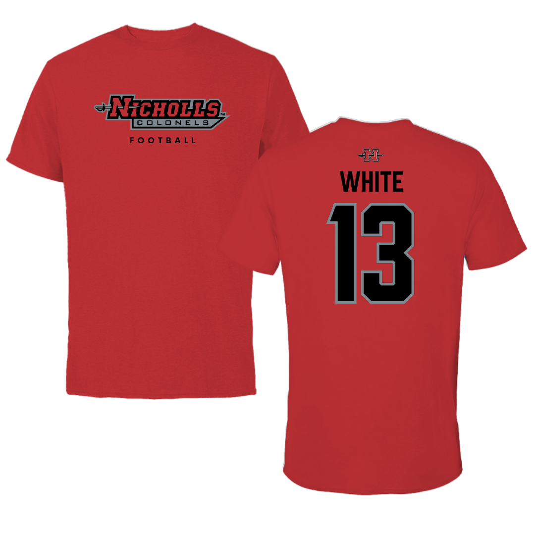 Nicholls State University Football Red Performance Tee - #13 Kylin White