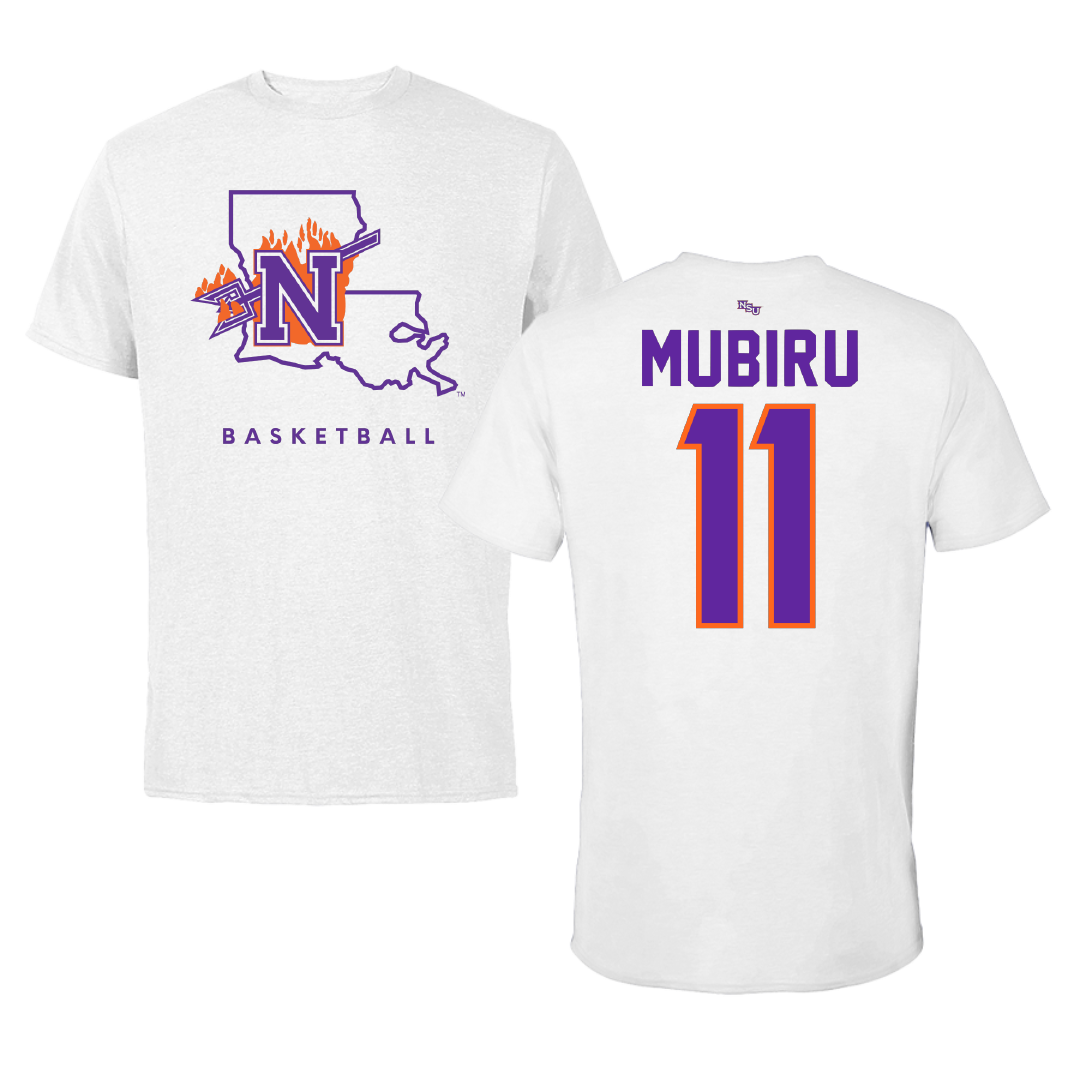 Northwestern State University Basketball White Tee - #11 Chris Mubiru