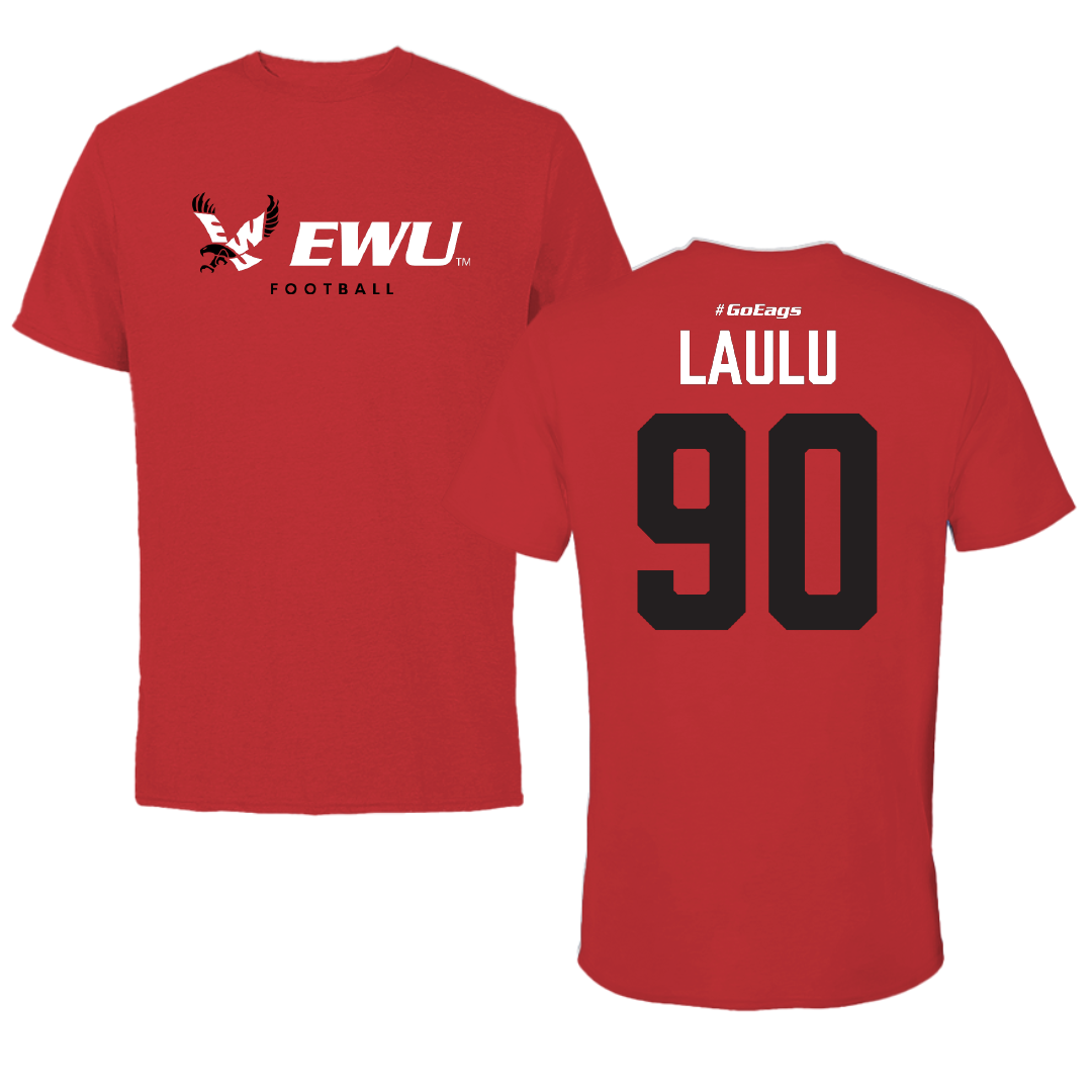 Eastern Washington University Football Red Block Tee - #90 Justis Laulu