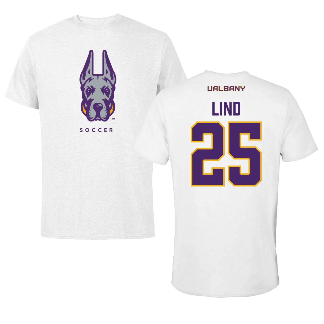 University at Albany Soccer White Mascot Tee - #25 Zach Lind