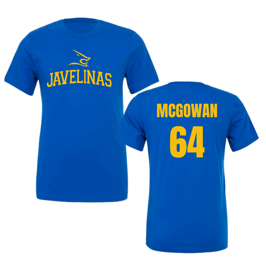 Texas A&M University-Kingsville Football Blue Performance Tee - #64 Kevaughnte McGowan