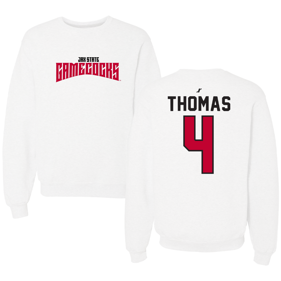 Jacksonville State University Baseball White Classics Crewneck - #4 Kenskey Thomas