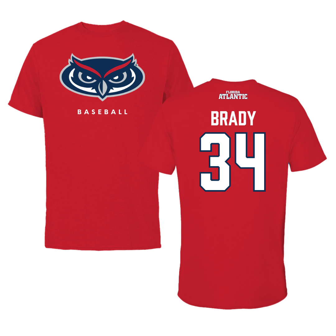 Florida Atlantic University Baseball Red Jersey Performance Tee - #34 Carter Brady