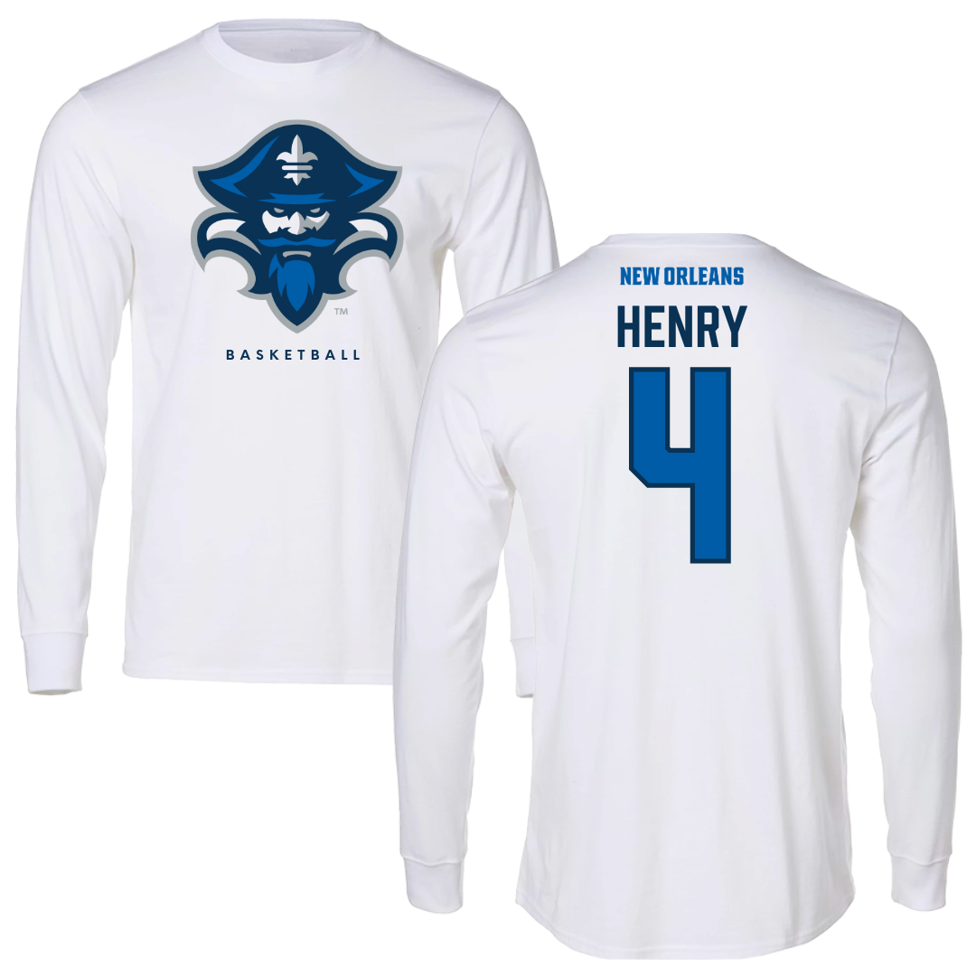 University of New Orleans Basketball White Long Sleeve - #4 Omarion Henry