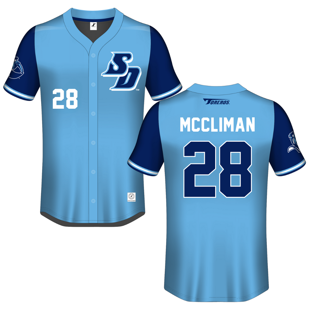 University of San Diego Blue Button-Down Jersey - #28 Natalie McCliman