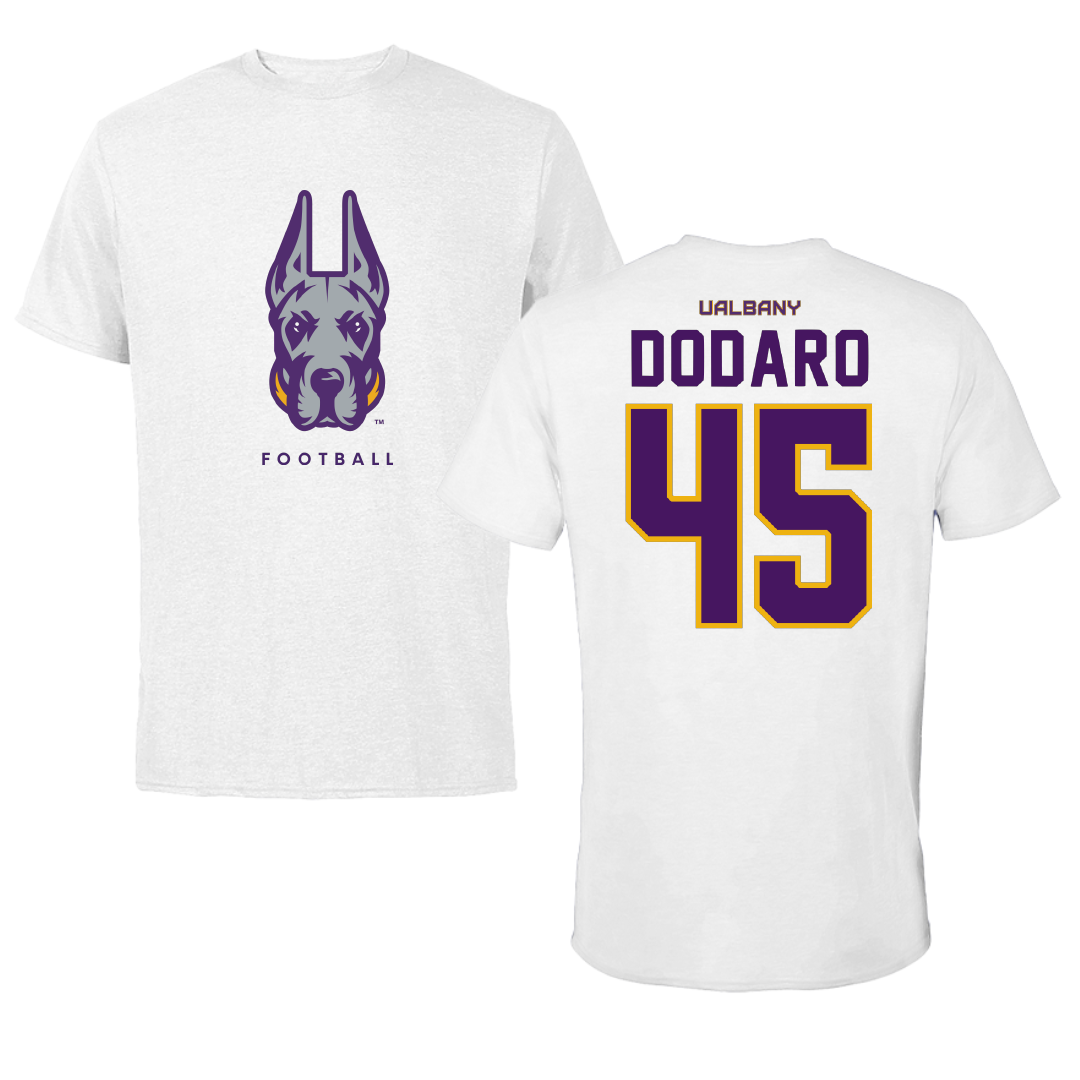 University at Albany Football White Mascot Performance Tee - #45 John Dodaro