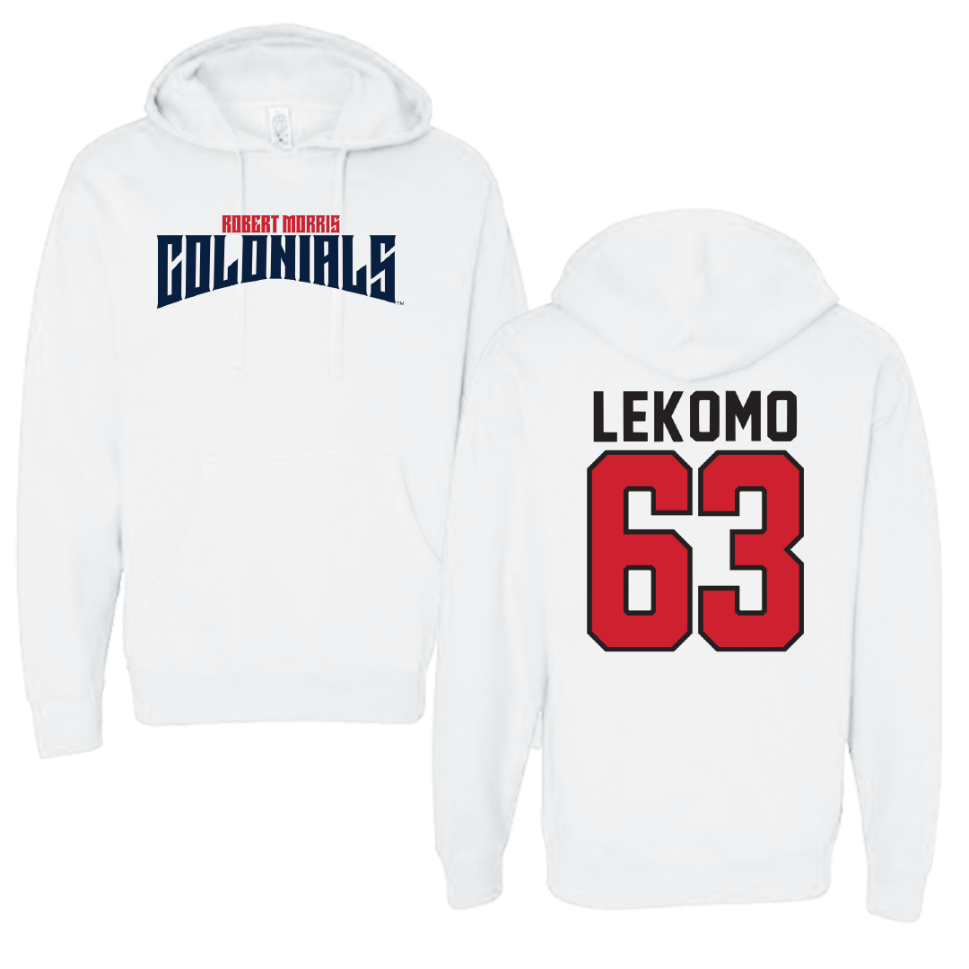 Robert Morris University Football White Classic Hoodie - #63 Yann Lekomo
