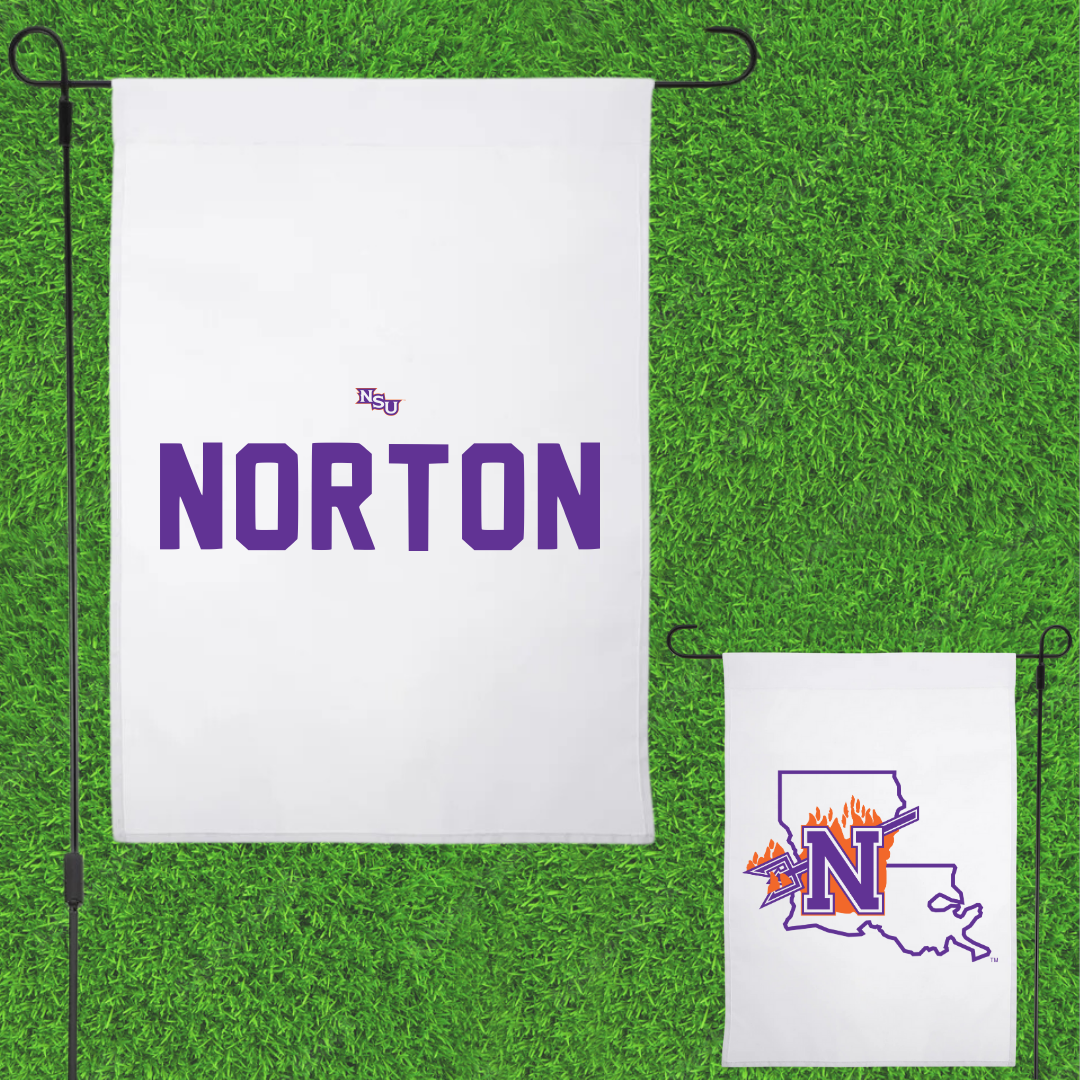 Northwestern State University TF and XC White Garden Flag - Robert Norton