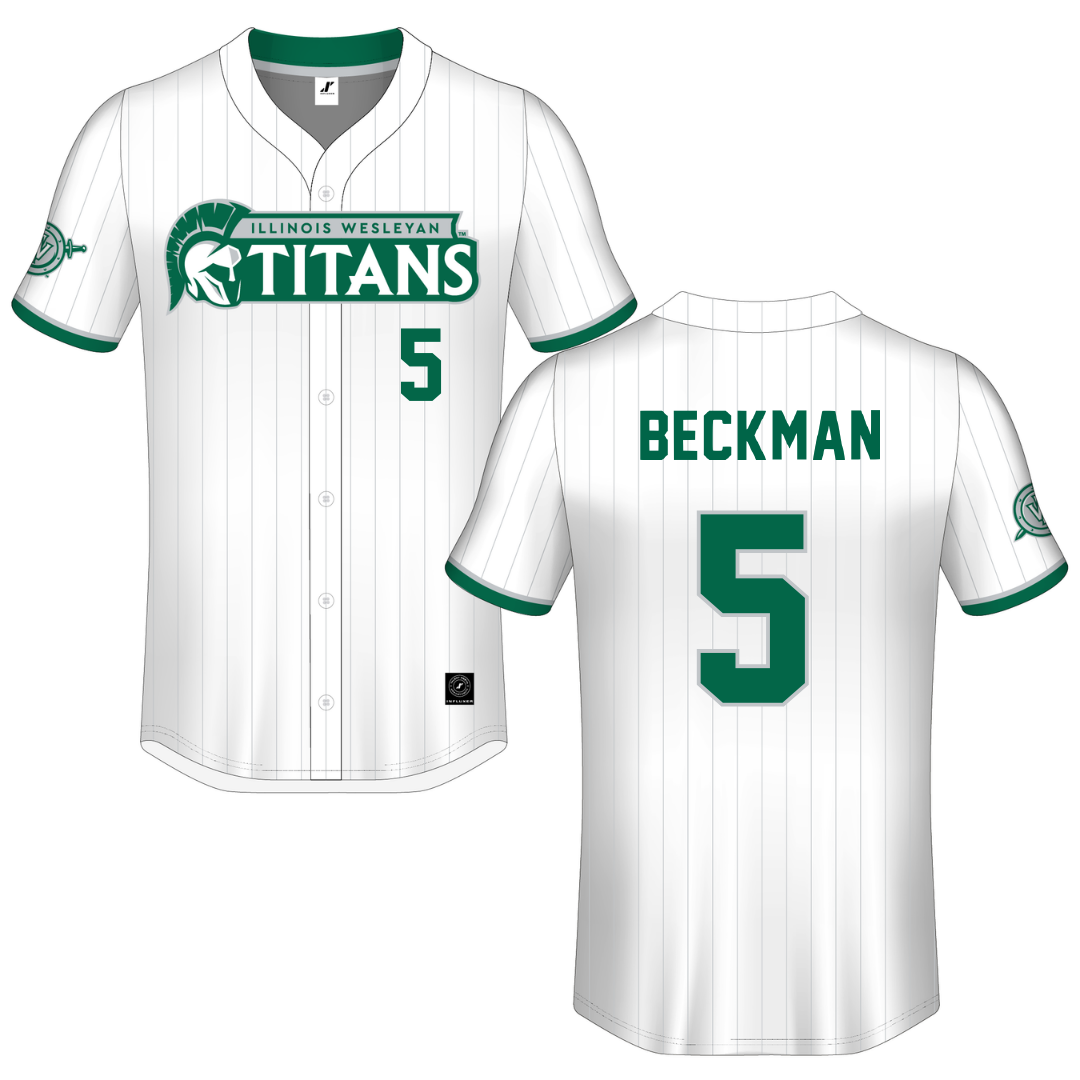 Illinois Wesleyan University White Pinstripe Button-Down Jersey - #5 Anna Beckman