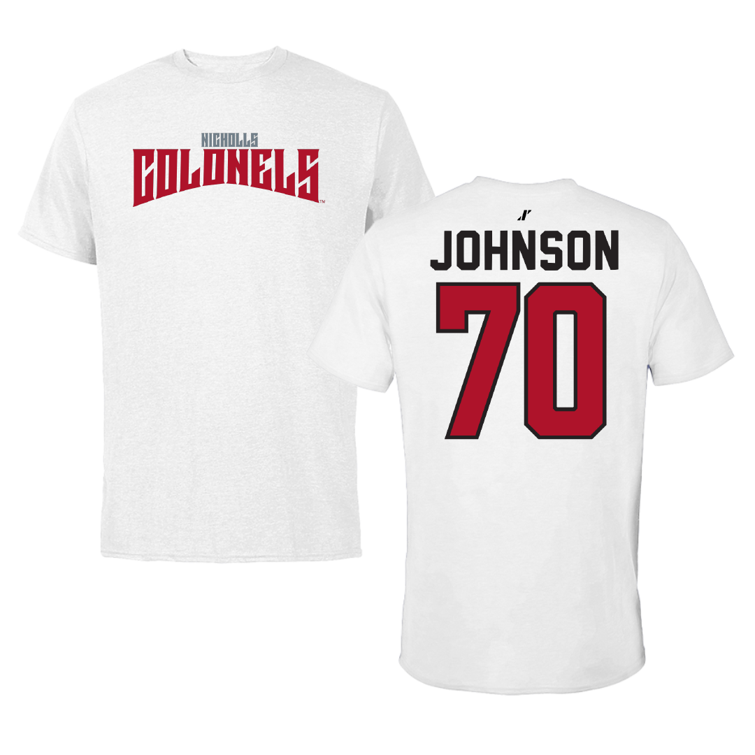 Nicholls State University Football White Classic Tee - #70 Jacob Johnson