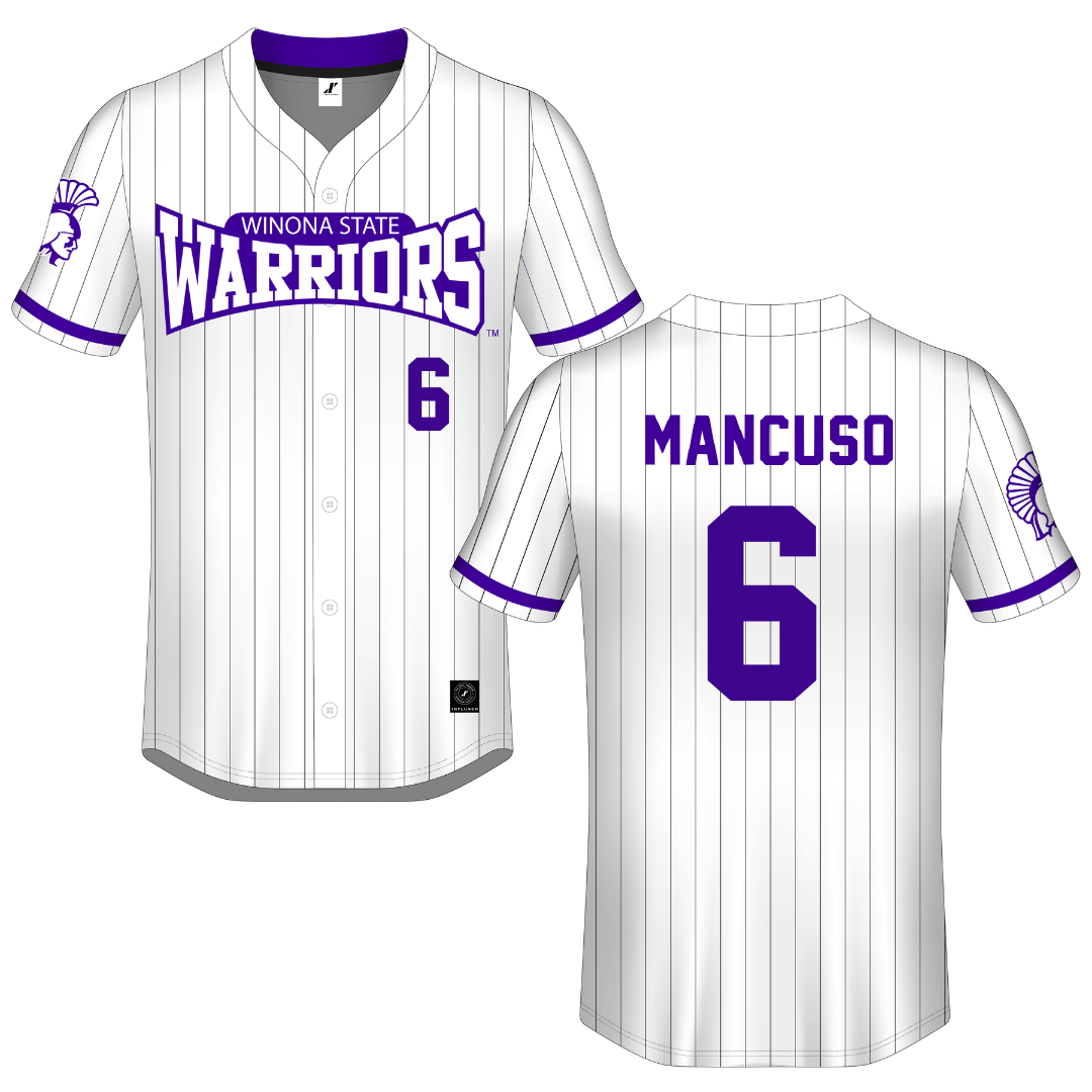 Winona State University White Pinstripe Button-Down Jersey - #6 Tiegan Mancuso