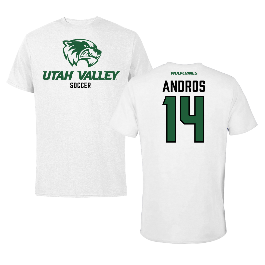 Utah Valley University Soccer White Performance Tee - #14 Mark Andros