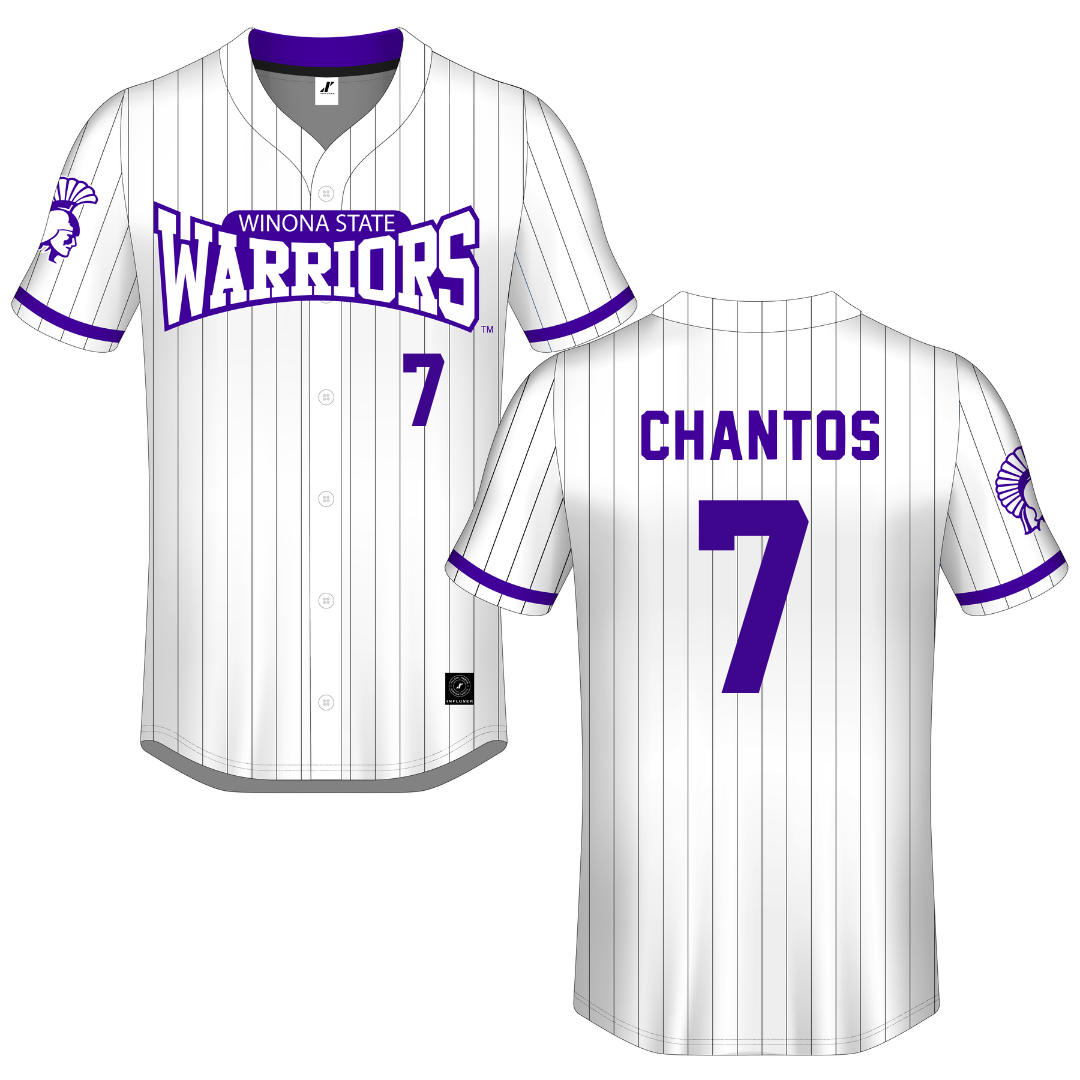 Winona State University White Pinstripe Button-Down Jersey - #7 Ashlee Chantos
