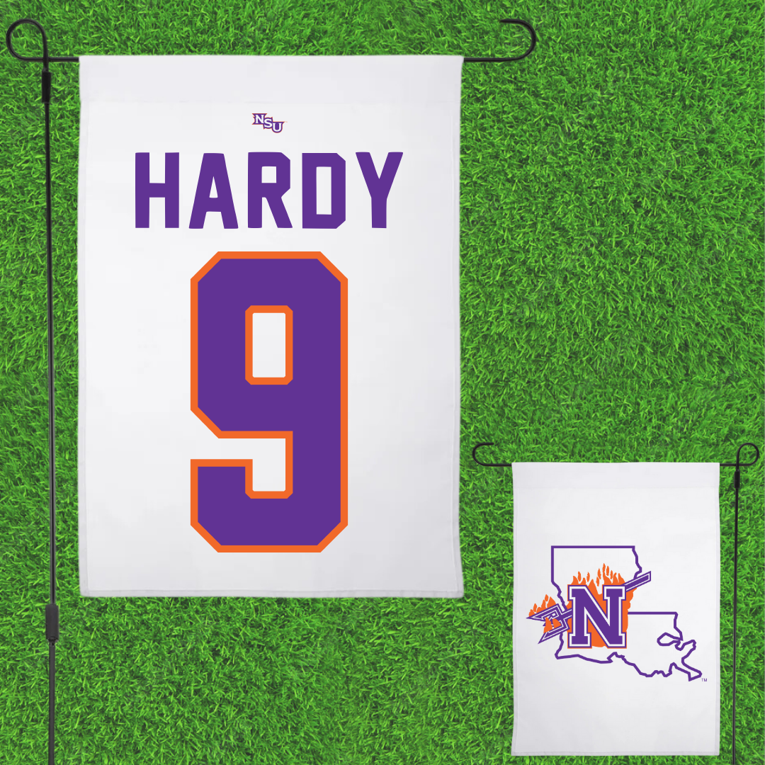 Northwestern State University Football White Garden Flag - #9 Cam Hardy