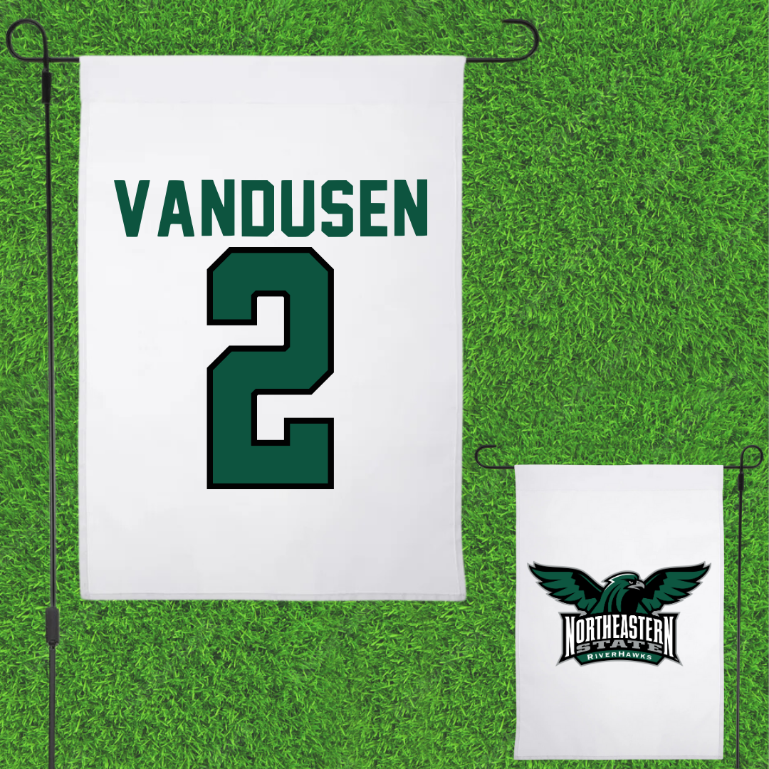 Northeastern State University Soccer White Garden Flag - #2 Ethan VanDusen