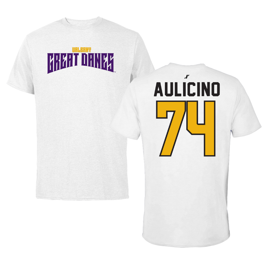University at Albany Football White Classic Performance Tee - #74 Matt Aulicino
