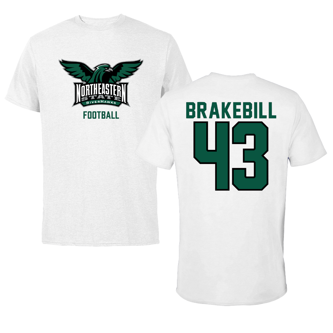 Northeastern State University Football White Performance Tee - #43 Kale Brakebill