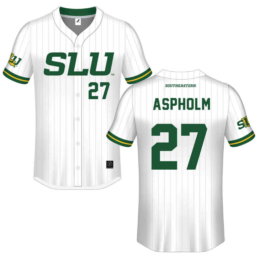 Southeastern Louisiana University White Pinstripe Button-Down Jersey - #27 Dalton Aspholm