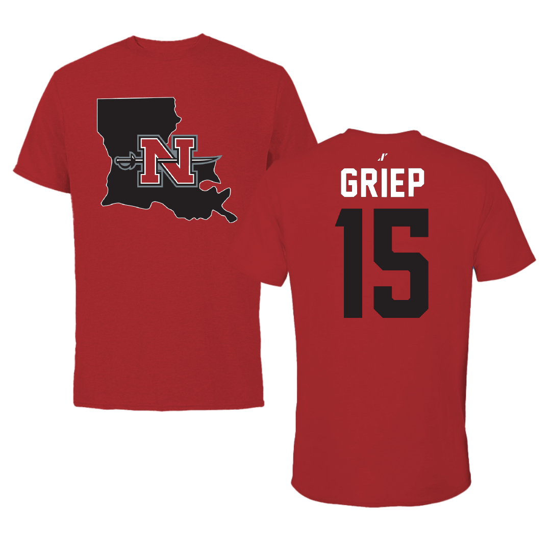 Nicholls State University Soccer Canvas Red State Tee - #15 Ryan Griep