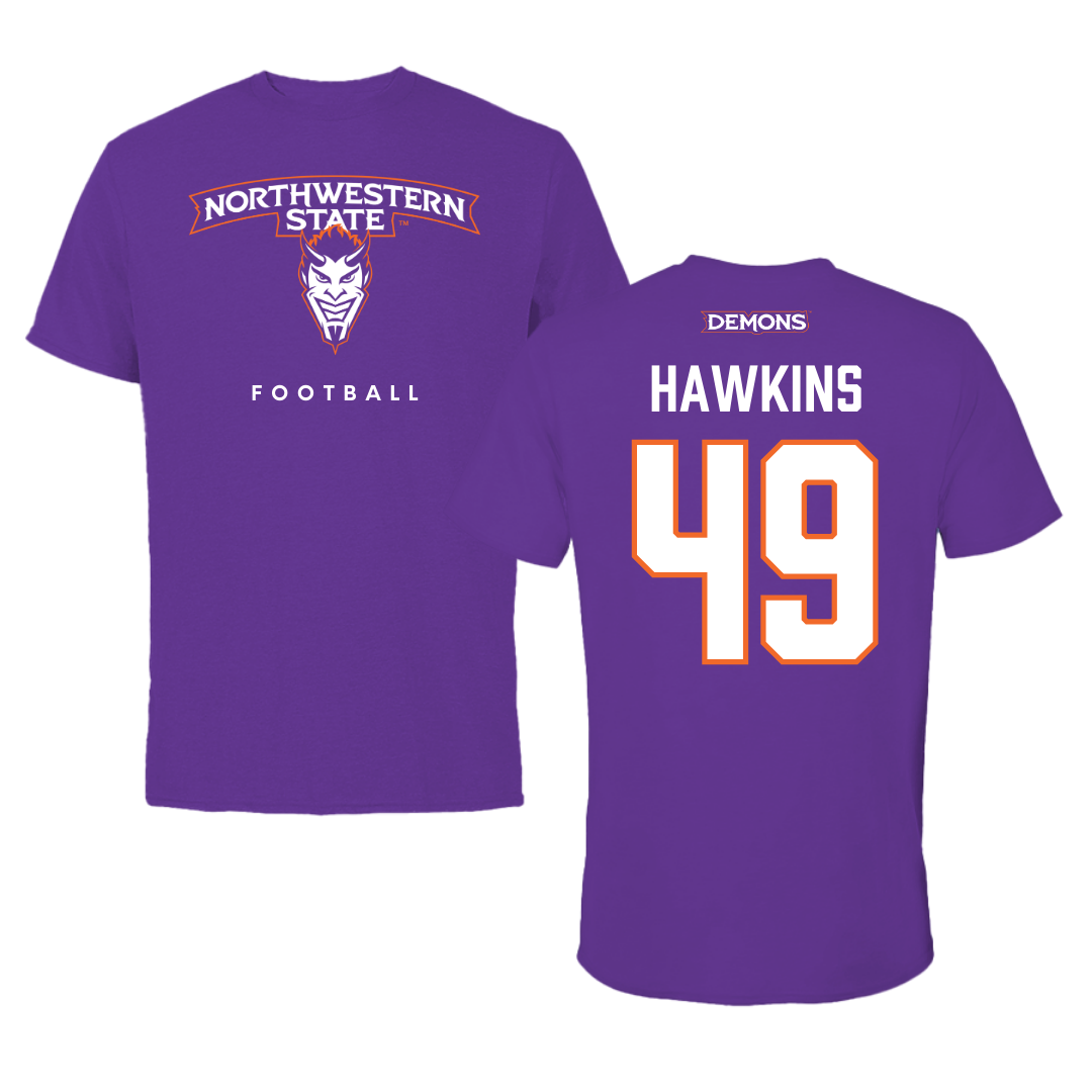 Northwestern State University Football Purple Mascot Tee - #49 Christian Hawkins