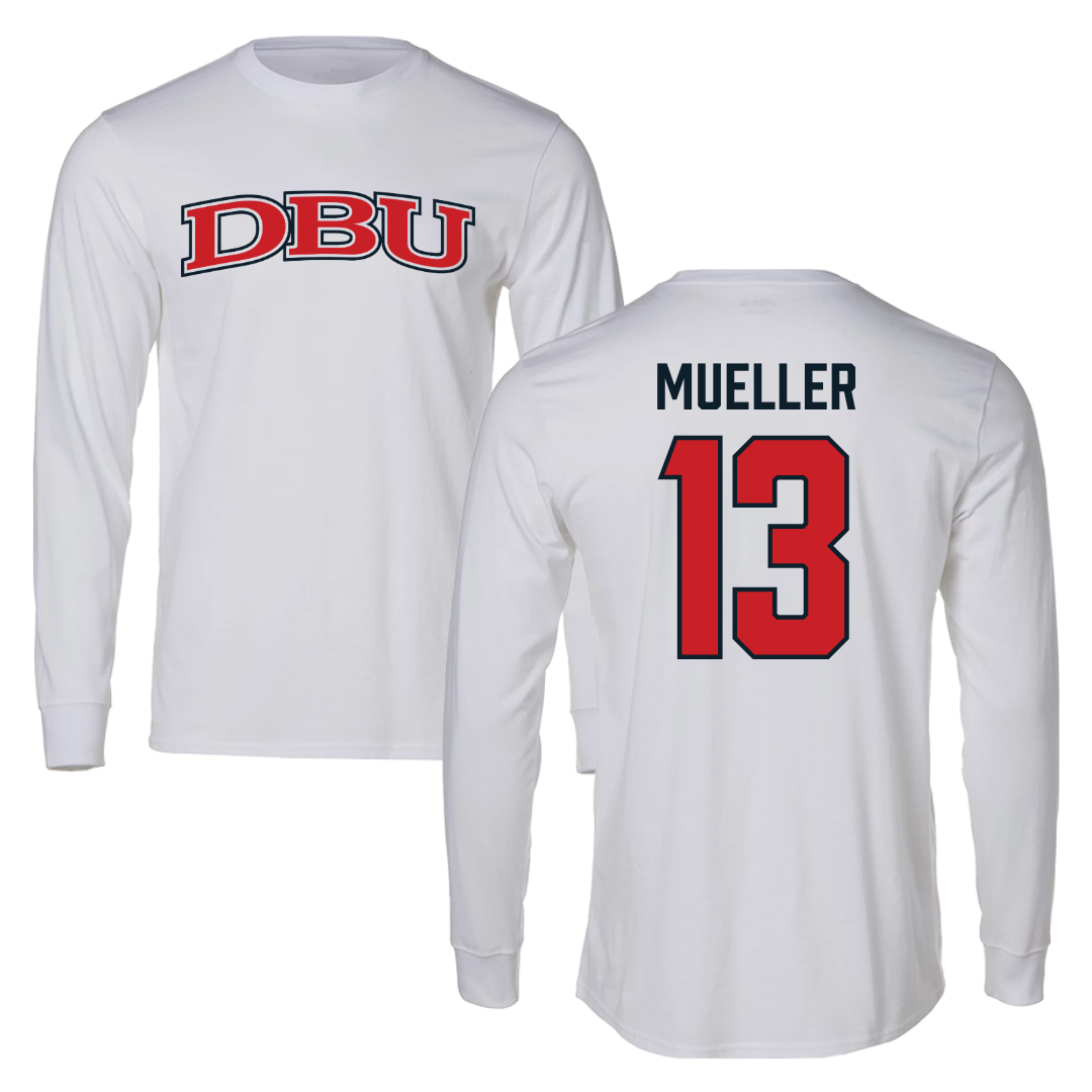 Dallas Baptist University Soccer White Performance Long Sleeve - #13 Sam Mueller