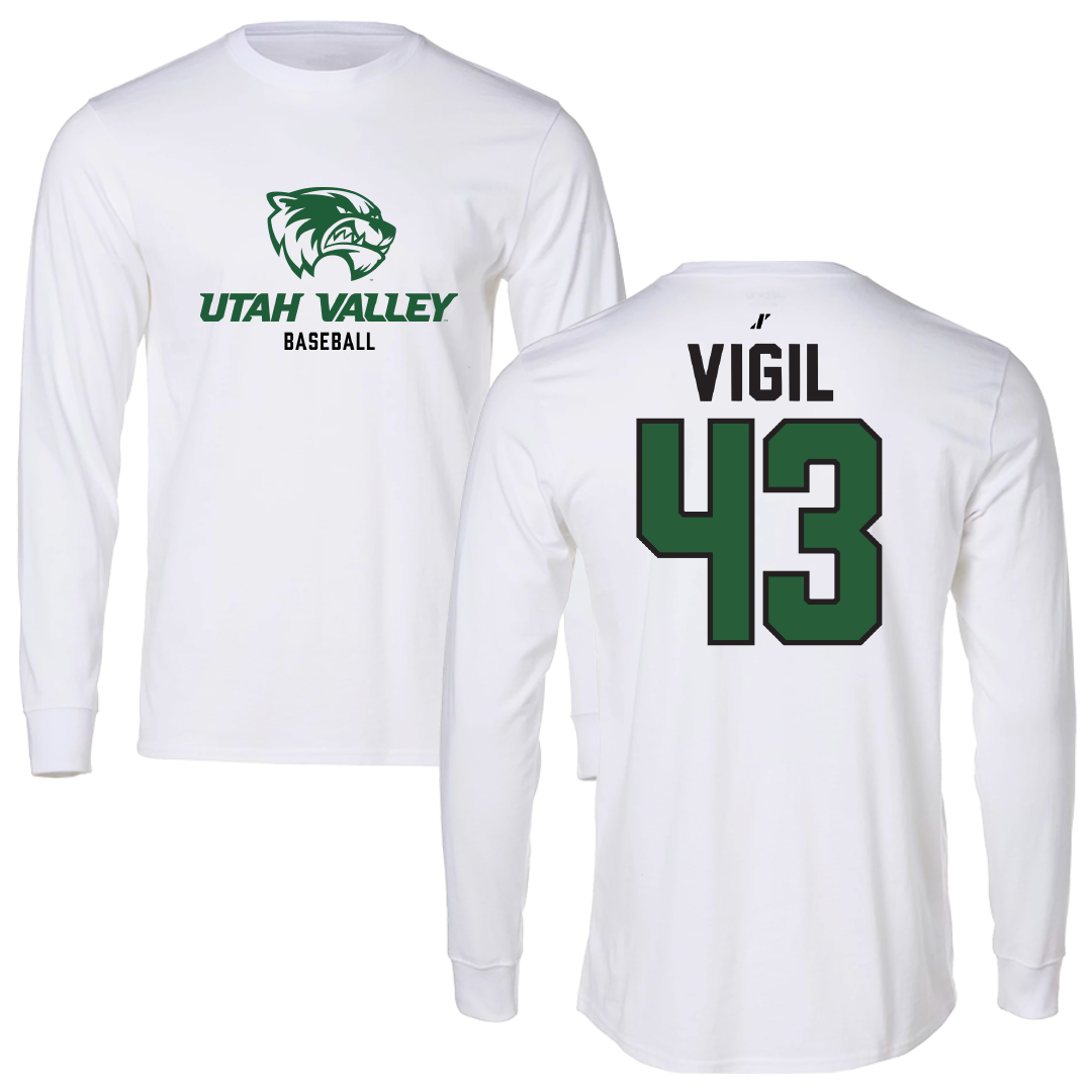 Utah Valley University Baseball White Classic Performance Long Sleeve - #43 Jordan Vigil