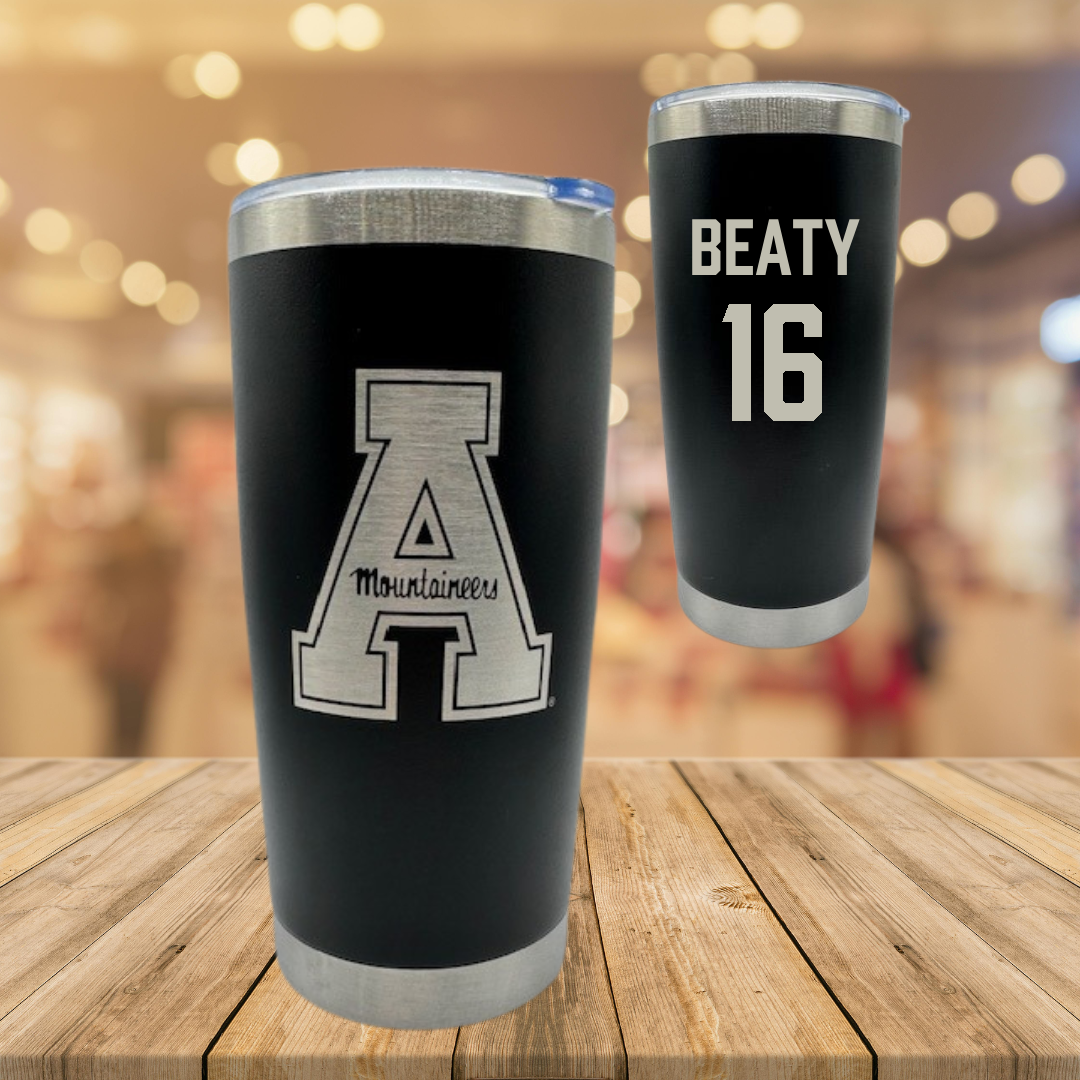 Appalachian State University Baseball Black Stainless Steel Tumbler - #16 Jake Beaty