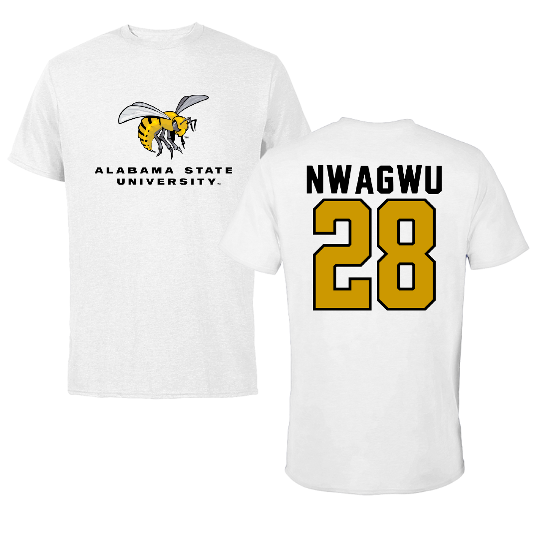 Alabama State University Football White Tee - #28 Nathan Nwagwu