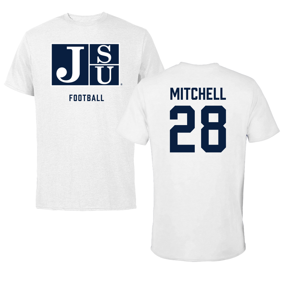 Jackson State University Football White Tee - #28 Bruce Mitchell