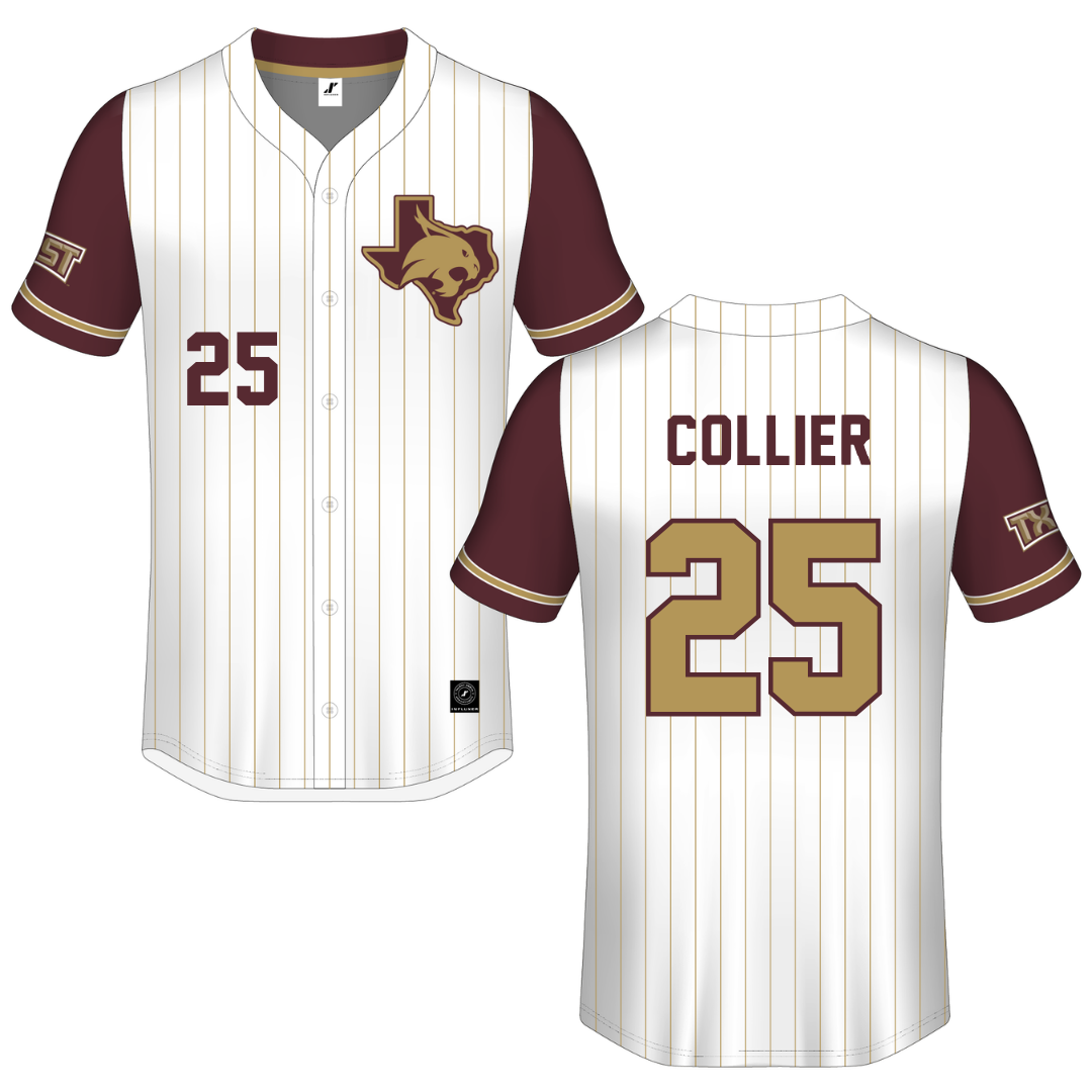 Texas State University White Pinstripe Button-Down Jersey - #25 Ian Collier