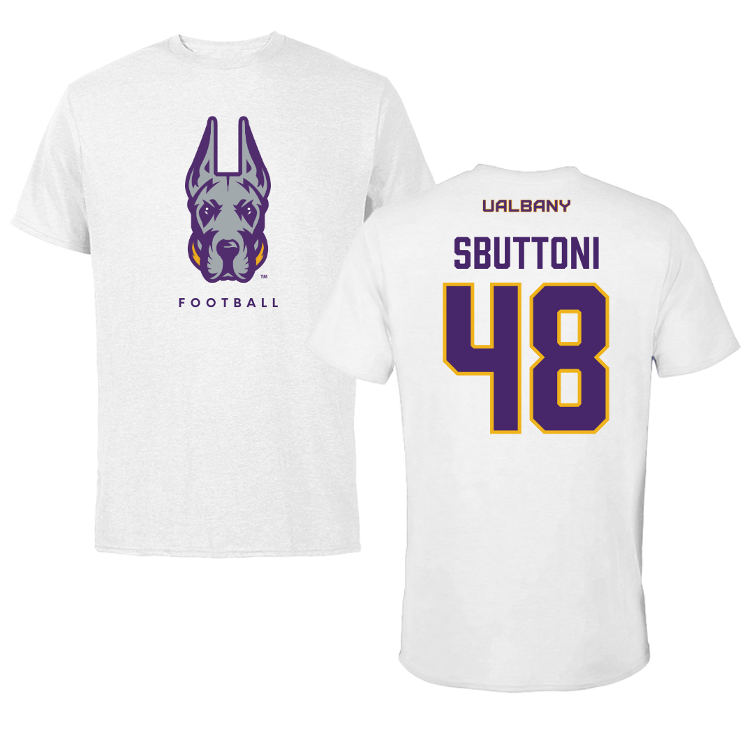 University at Albany Football White Mascot Tee - #48 Michael Sbuttoni