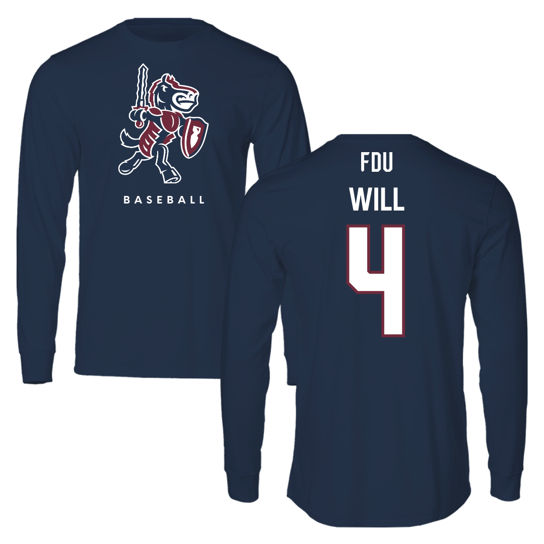Fairleigh Dickinson University-Metropolitan Campus Baseball Navy Performance Long Sleeve - #4 Zack Will