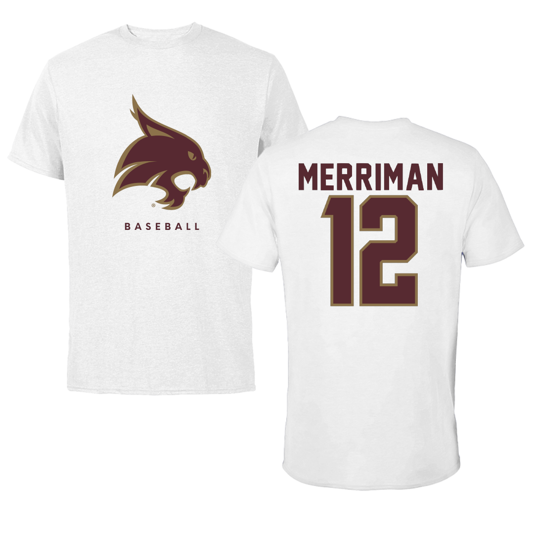 Texas State University Baseball White Tee - #12 Ben Merriman