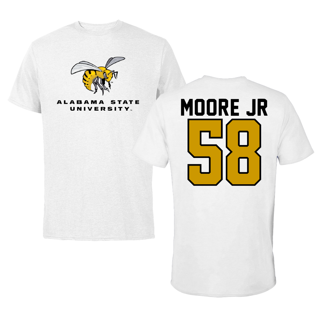 Alabama State University Football White Performance Tee - #58 Michael Moore Jr