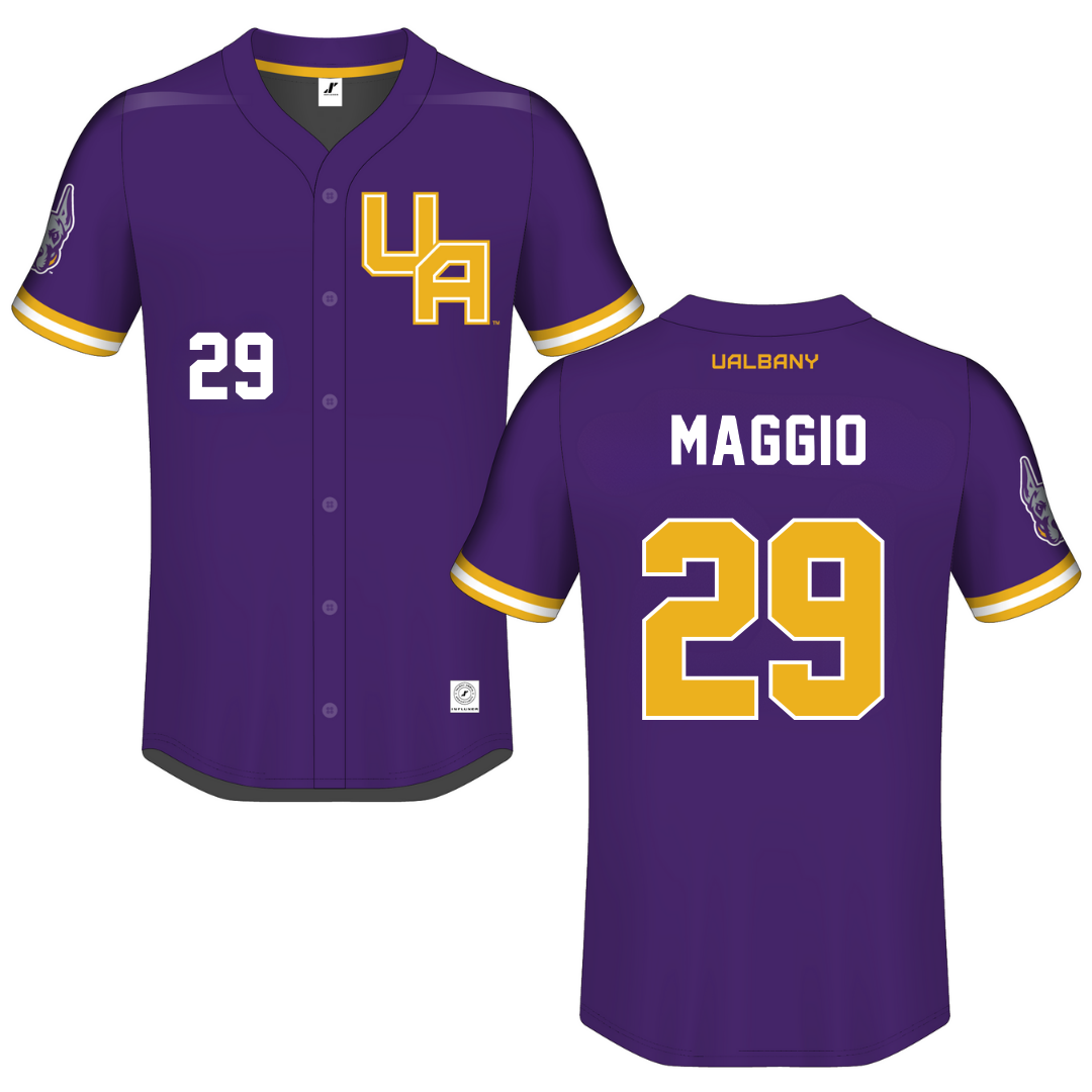 University at Albany Purple Button-Down Jersey - #29 Michael Maggio