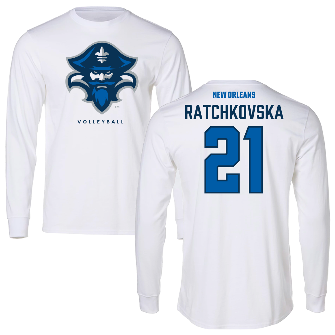 University of New Orleans Volleyball White Performance Long Sleeve - #21 Elani Ratchkovska