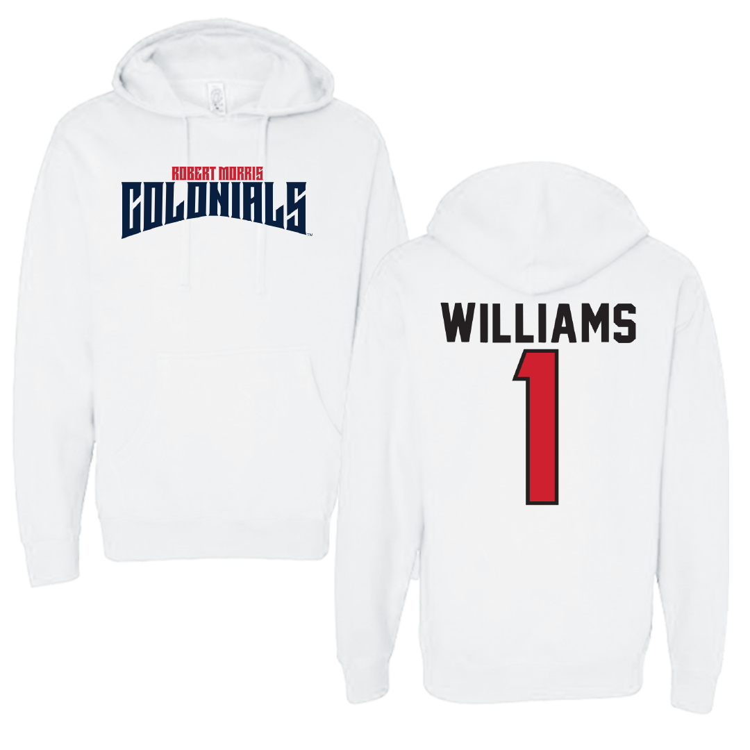 Robert Morris University Basketball White Classic Hoodie - #1 Justice Williams