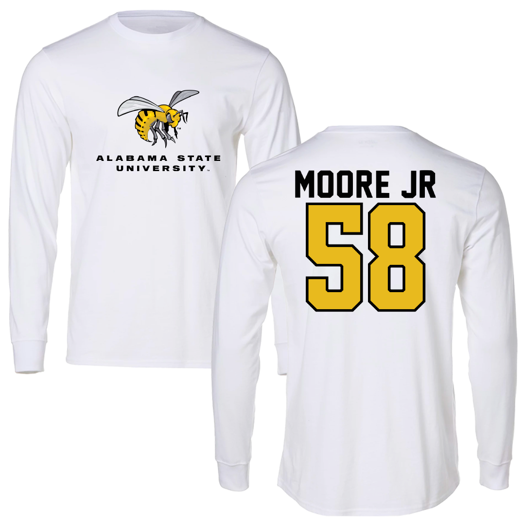 Alabama State University Football White Block Long Sleeve - #58 Michael Moore Jr