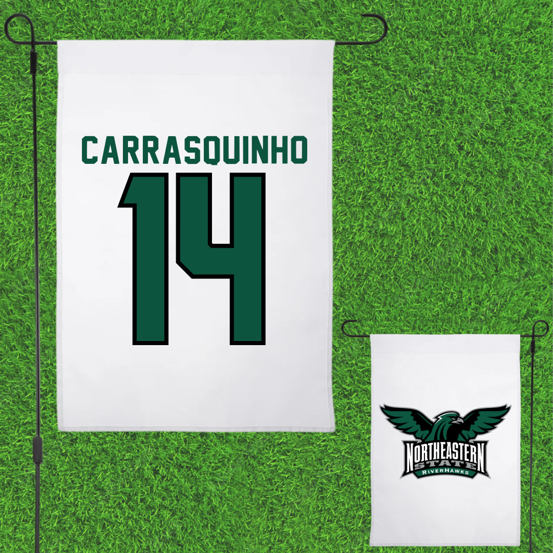Northeastern State University Soccer White Garden Flag - #14 Miguel Carrasquinho