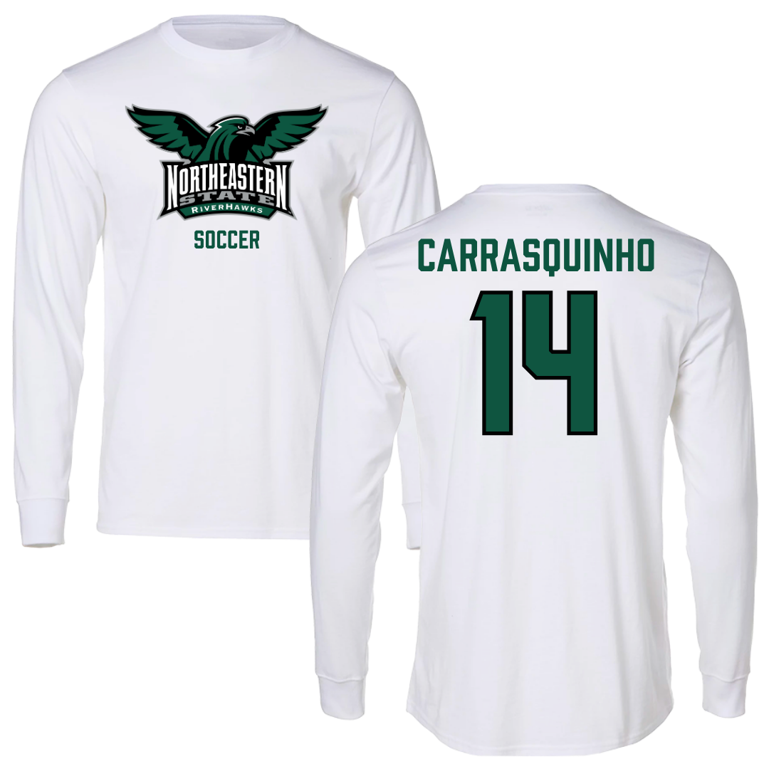 Northeastern State University Soccer White Performance Long Sleeve - #14 Miguel Carrasquinho