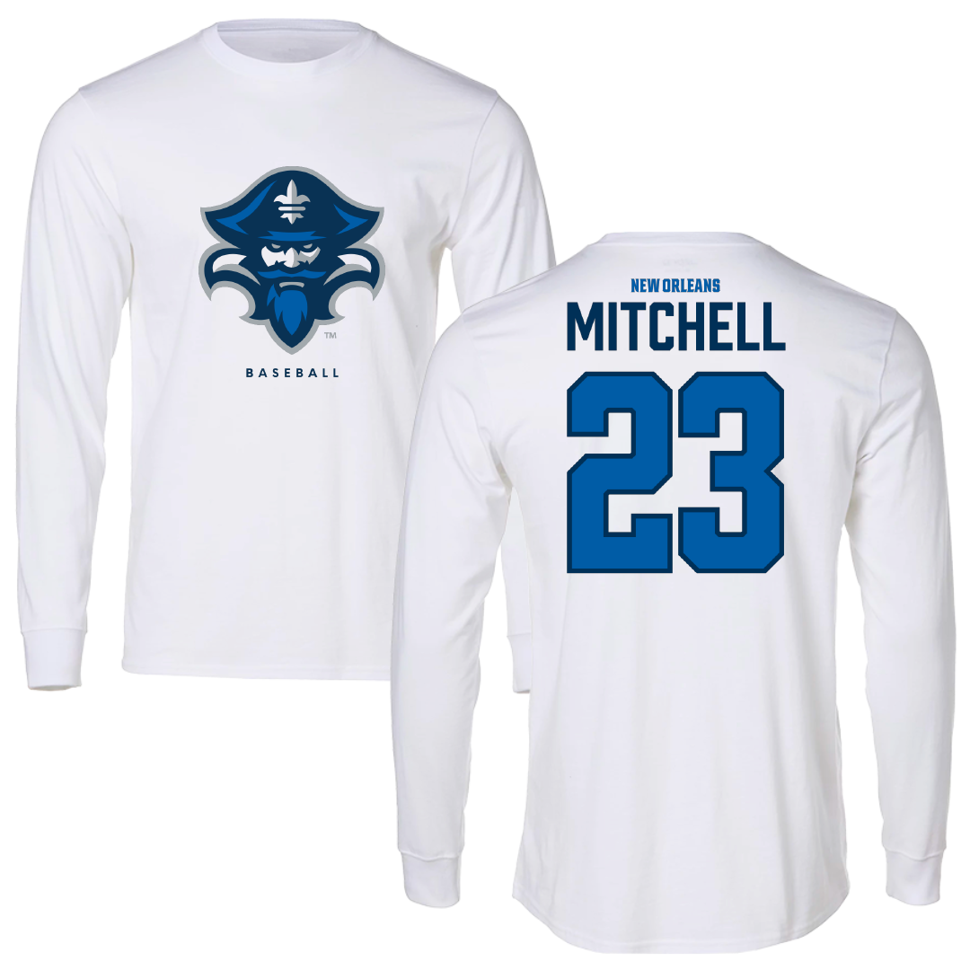 University of New Orleans Baseball White Long Sleeve - #23 Cade Mitchell